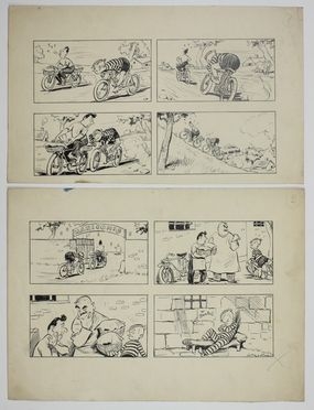  Walter Molino  (Reggio nell'Emilia, 1915 - Milano, 1997) : W Bartali. Due strisce con otto vignette.  - Auction Timed Auction: Prints & drawings - Libreria Antiquaria Gonnelli - Casa d'Aste - Gonnelli Casa d'Aste